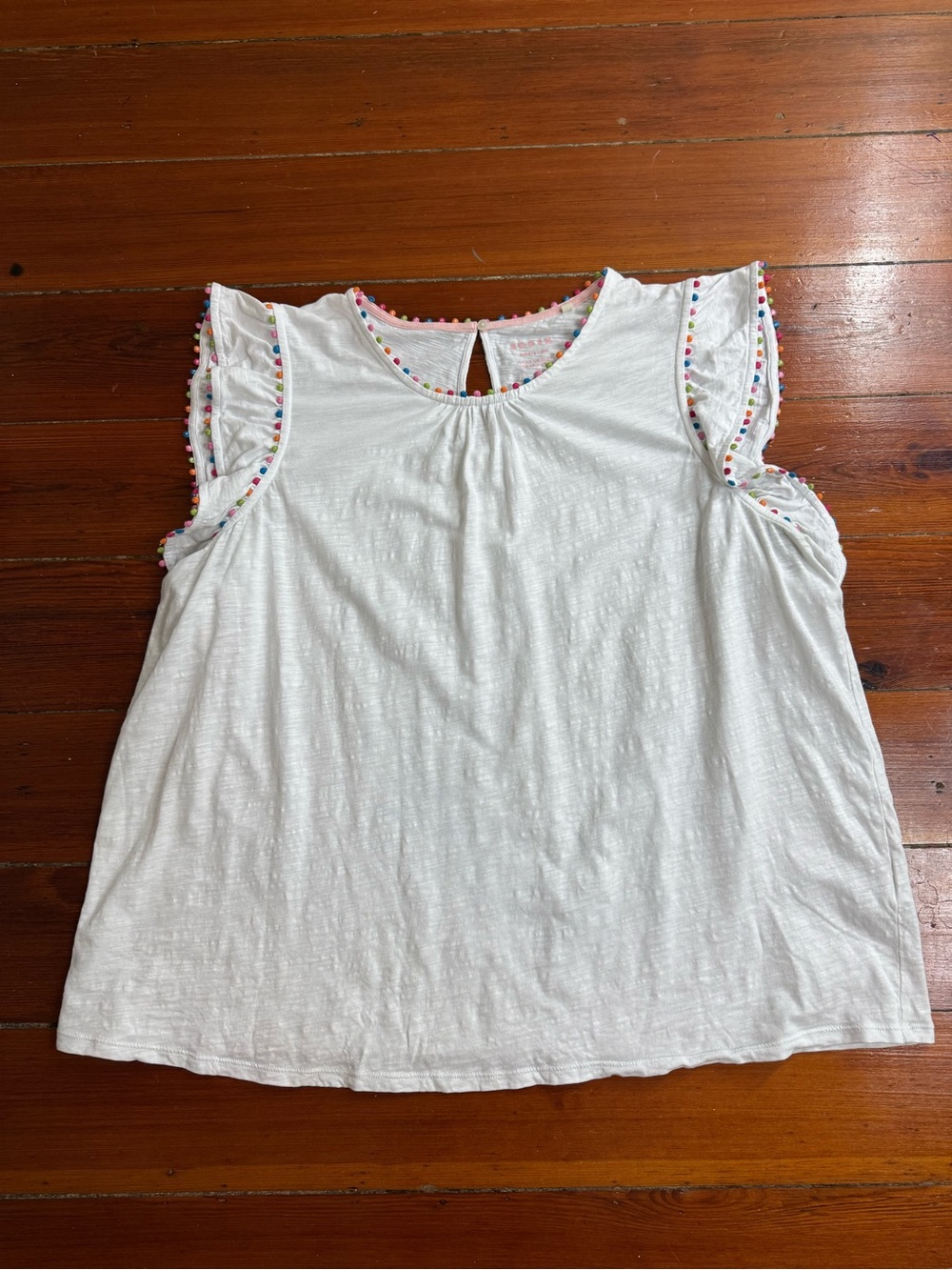 Boden Colorful Pom Trim Ruffle Sleeve 100% Cotton Top Sz 20 💚🍄 - Picture 7 of 9